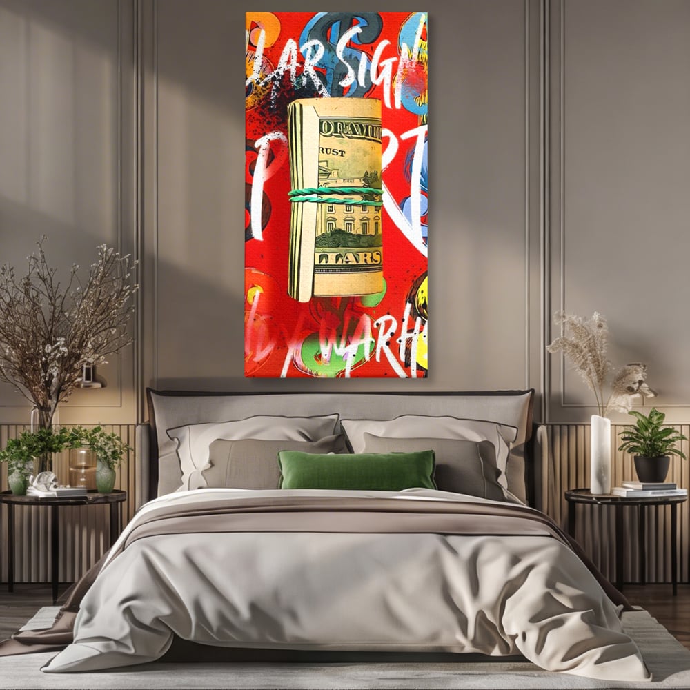 Tablou canvas cu tablou canvas cu teanc de dolari, fara rama, pe sasiu de lemn, pe perete intr-un dormitor